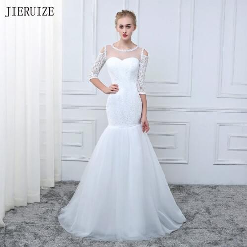 JIERUIZE White Lace Mermaid Wedding Dresses Off The Shoulder Half Sleeves Cheap Bridal Dresses Wedding Gowns robe de mariage