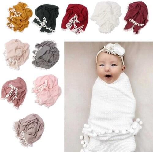 J60B Baby Soft Cotton Receiving Blanket Waffle Knitting Hairballs Tassel Swaddle Wrap Bath Towel Newborn Photography Props