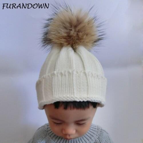 FURANDOWN Winter Big Real Fur Pompom Hat For Kids Girls Boys Knitted Beanie Warm Baby Cap Skullies Beanies