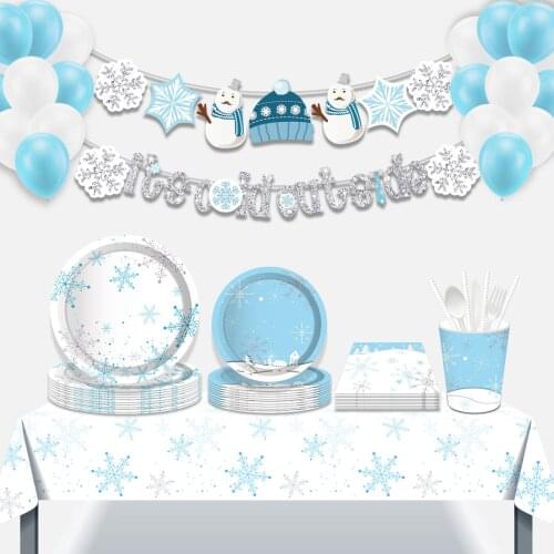 Cold Day Winter Snowflake Christmas Xmas Party Disposable Tableware Sets Paper Plates Cups Globos Party Favors Decorations