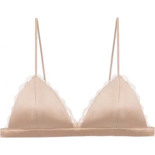 Honviey French lingerie female small chest sexy satin lace trim thin section no steel ring triangle cup bra white Bralette