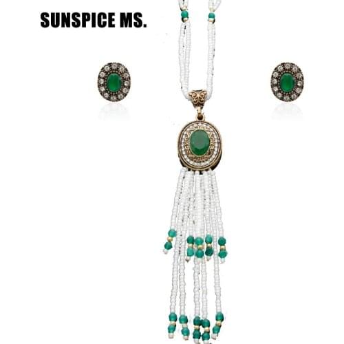 Vintage Women Turkish Bead Jewelry Set Resin Tassel Long Necklace Earring Jewelry Set Arab Flower Pendant Vintage Bridal Jewelry