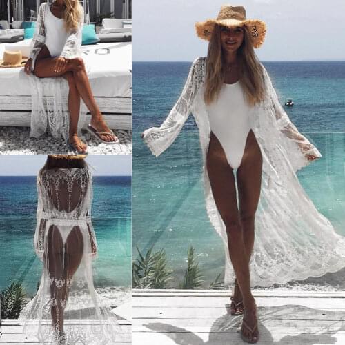 Summer Women Sarong Lace Maxi Bikini Cover Up Pareo white beach dress Long Chiffon See Through Crochet Cardigan robe de plage