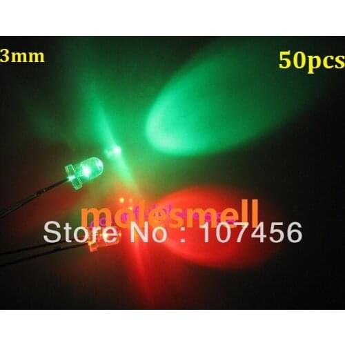 50pcs 3mm flashing red/green flash led LED 3mm blinking red/green led 3mm round water clear Bi-Color Flash red/green led lamp