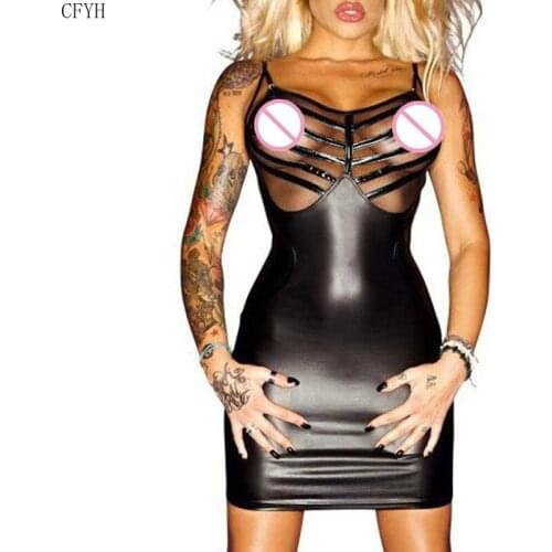 Sexy Faux Leather Dress Black Dress Gothic Fetish Clubwear Dance Club Wear PU Catsuit Sexy Open Bust Shiny Dresses Clubwear