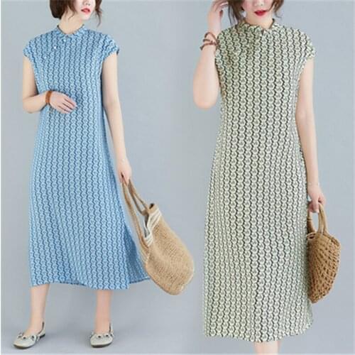 2021 Summer Fashion New Mid-Length Stand-Up Collar Sleeveless Slimming Cotton And Linen Printed Cheongsam Dress Female Trend