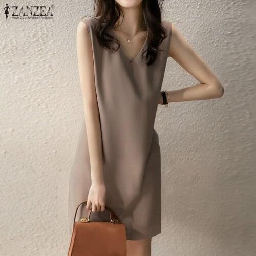 ZANZEA Stylish Solid Dress Womens Summer Sundress 2021 Casual Sleeveless Knee Length Vestidos Female V Neck Tank Robe Oversized
