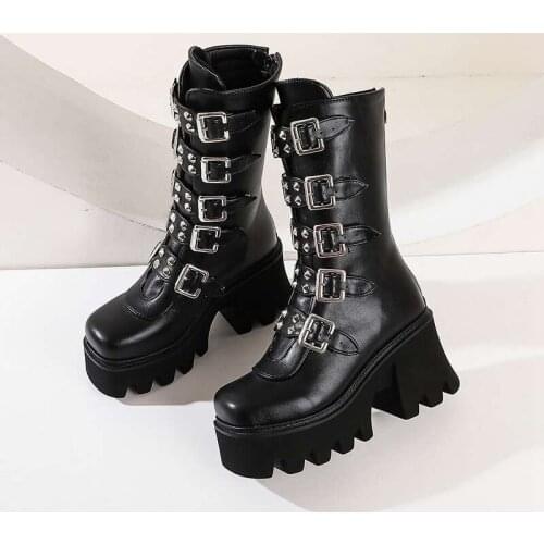 Sexy Buckle Womens winter high boots Leather Block Heel Gothic Black Punk Style Platform Shoes Female Footwear Womens shoes