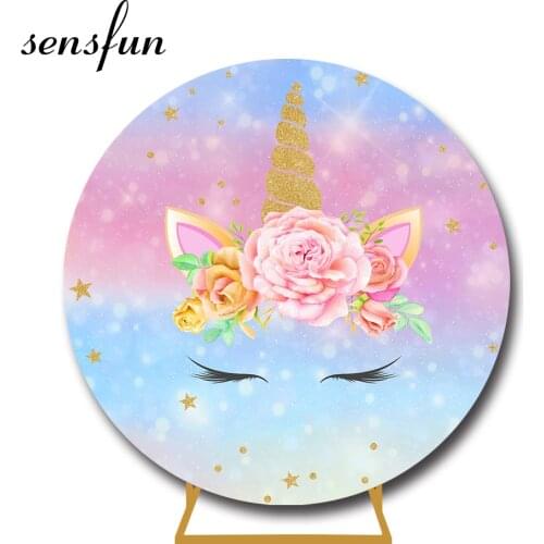 Sensfun Pink Flowers Unicorn Birthday Party Round Backdrop Cover Girls Newborn Baby Shower 1st Birthday Party Background Elastic