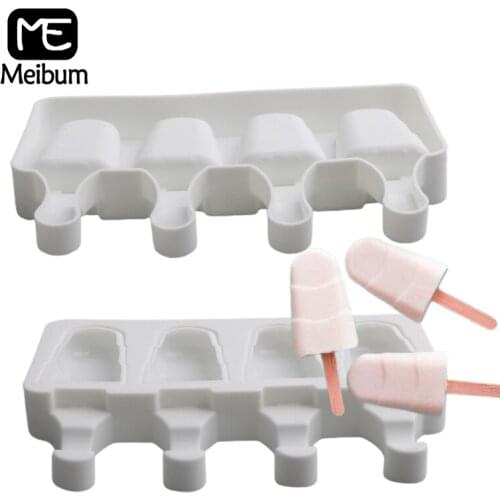 Meibum Summer Ice Cream Molds 4 Cavity Silicone Popsicle Moulds Freezer Juice Jelly Tools Ice Cube Tray and 50 Pcs Sticks
