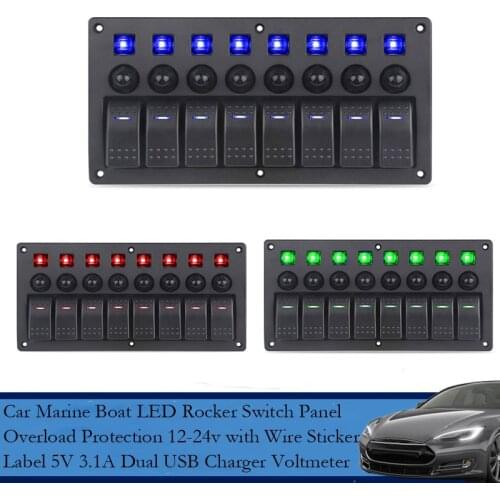 LED Rocker Switch Panel Overload Protection 12-24v With Sticker Label 5V 3.1A Dual USB Charger Voltmeter For Car Marine Boat