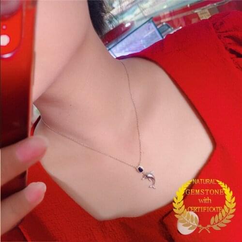 WEAINY Dainty Dolphin Sapphire Necklace Real Natural Sapphire Pendant Blue Gem September Birthday Gifts Animal Necklace