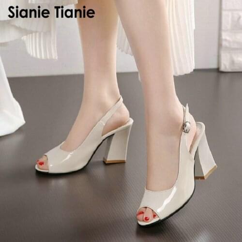 Sianie Tianie 2020 summer patent PU solid color peep toe woman block high heels shoes sexy ladies slingback sandals size 33-45