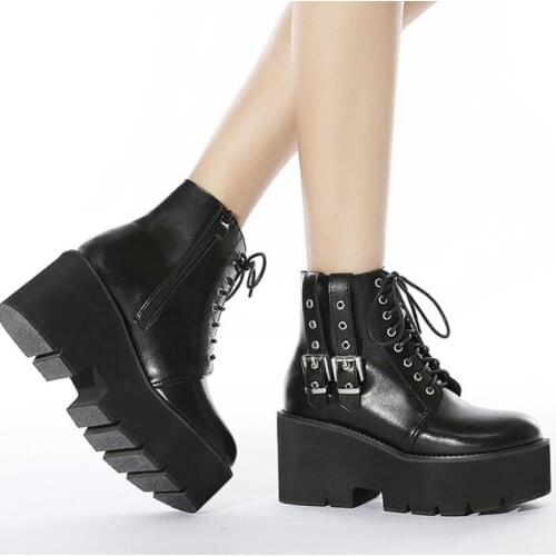 New Autumn Winter Womens Side Zipper Front Lace-up Knight Martin Boots Thick-soled Short Boots Black Platform Boots Gothic