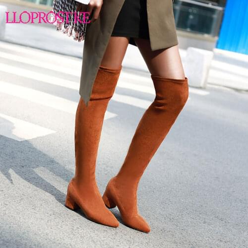 Lloprost ke 2020 hot over the knee boots women pointed toe square heel Stretch boots sexy slim fashion party prom shoes woman