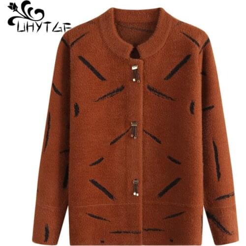 UHYTGF Cardigan Women Imitation Mink Cashmere Autumn Winter Sweaters Coat Temperamental Mother Knit Sweater Casual Short Top1253