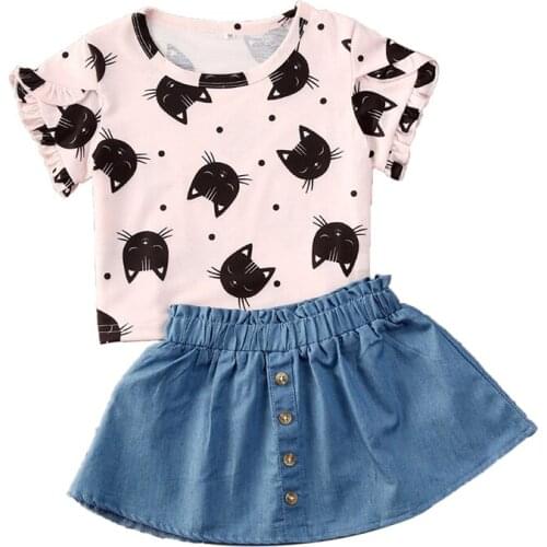 1-6Y Summer Lovely Infant Baby Girls Clothes Sets Cartoon Cat Print Short Sleeve Pink T Shirts Tops Blue A-Line Skirts Outfit