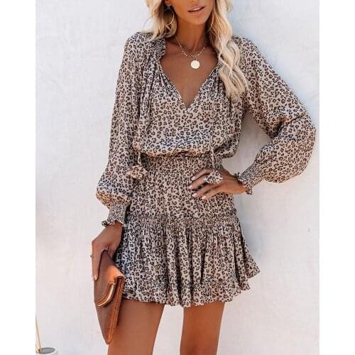 Happie Queens Women leopard print ruffles happie dresses ladies Long sleeve ethnic cotton bohemian mini dresses