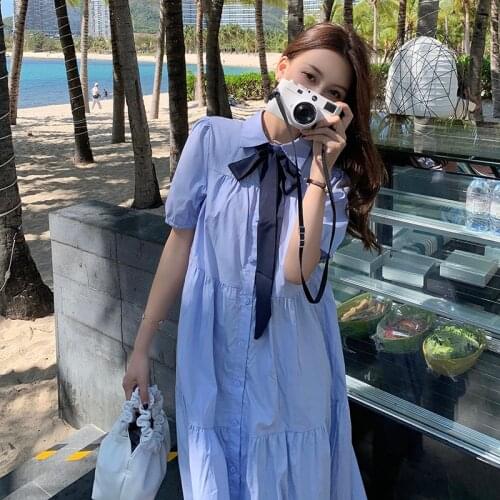 Large Women Chiffon Long Dress Gentle Wind Short Sleeve Loose Waist A-line Plus Size Women Yellow Robe Femme Dresses Xxxxl Blue