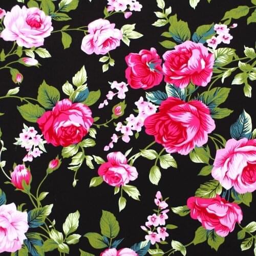 1 Yard Cotton Poplin Fabric for Sewing Patchwork, Dress, Cloth - Flowers and Leave(Red Flowers on Black Backgroud) (width=140cm)