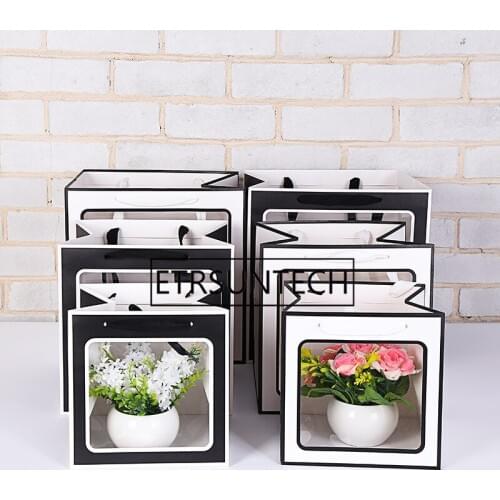 100pcs/lot Black White Transparent window Square tote bag Holiday gift boxes transparent packaging bags creative flower bag
