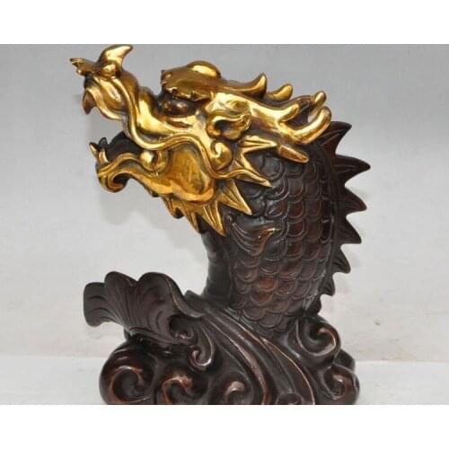 11" chinese fengshui bronze gilt animal dragon head fish lucky auspicious statue