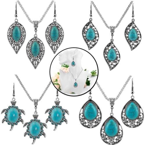 3Pcs/Set Vintage Women Faux Turquoise Turtle Drop Leaf Pendant Earrings Jewelry Valentines Day present set de aretes 2020