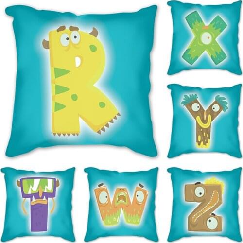 45*45cm Turquoise Blue Cushion Cover Polyester Pillowcase Cojines Decorativos Para Sofa Cartoon letters Home Bedroom Sofa Decor