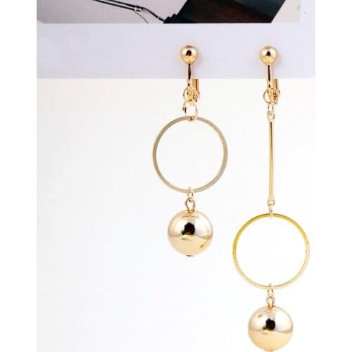 Asymmetry Round Hoop Loop Ball Pendants Earrings European Stylish Boucle D'Oreille Metal No Ear Hole Ear Clip Long Bar Earrings