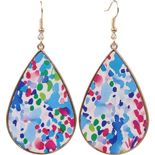 Big WaterDrop Drawing Pu Leather Metal Fram Dangle Earrings Colorful Check Print Teardrop Earrings
