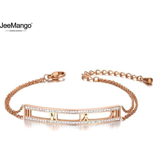 JeeMango Trendy Stainless Steel Roman Characters Charm Bracelets For Women Girls Vintage CZ Crystal Chain Link Bracelet JB20049