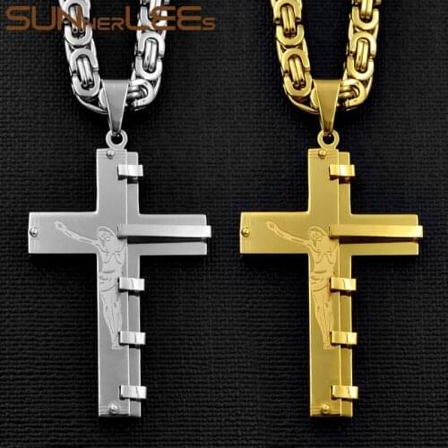 SUNNERLEES Stainless Steel Jesus Christ Cross Pendant Necklace Byzantine Link Chain Silver Color Gold Plated Men Boys Gift SP246