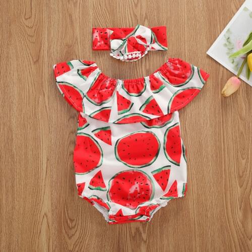 0-24M Newborn Infant Toddler Baby Girl Romper Watermelon Ruffles Jumpsuit Summer Cute Fruit Print Baby Girl Clothes Costumes