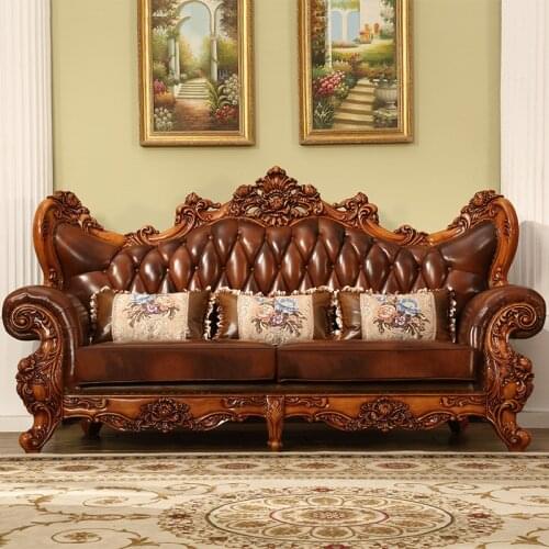 American European-style Leather Sofa Solid Wood Carved Large Apartment Living Room Luxury Self-contained Furniture Chaise