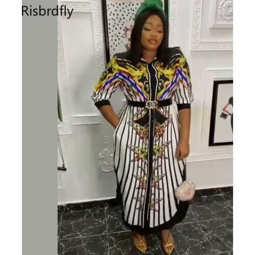 2021 New Arrival African Women V-neck Printing Short Sleeve Polyester Long Shirt Dress African Dresses for Women