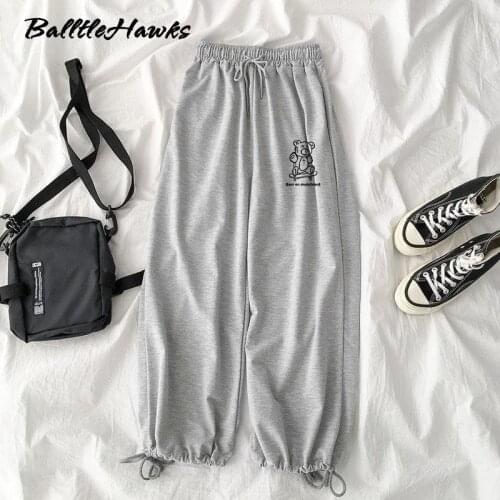 Harajuku Bear Print Gray Joggers Sports Pants Women Oversize Black Jogging Sweatpants Korean Fashion Wide Leg Trousers