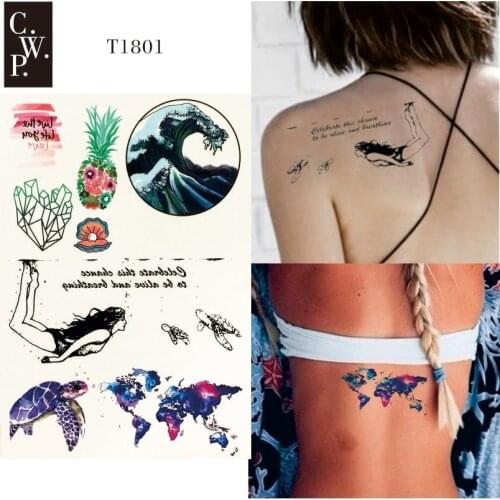 T1801 1 Piece Explore the Sea Temporary Tattoo with Wave, Sea Shell, World Map and Pineapple Pattern body paint Tattoos