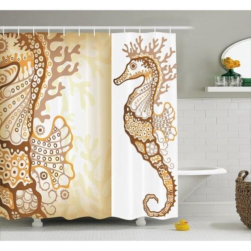 Animal Decor Shower Curtain Seahorse Figure Marine Fishes Exotic Ocean Underwater World Illustration Fabric Bathroom Decor