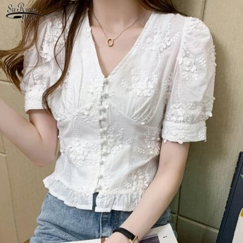 2021 Fashion New Lady Casual Sweet Shirt Summer V-neck Puff Short Sleeve Lace Top Vintage Floral Slim Blouses Women Blusas 9778