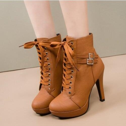 Pop Plus Size43 Ankle Boots Women Platform High Heels Female Lace-Up Womens Shoes Buckle Woman Short Boot Ladies Footwear