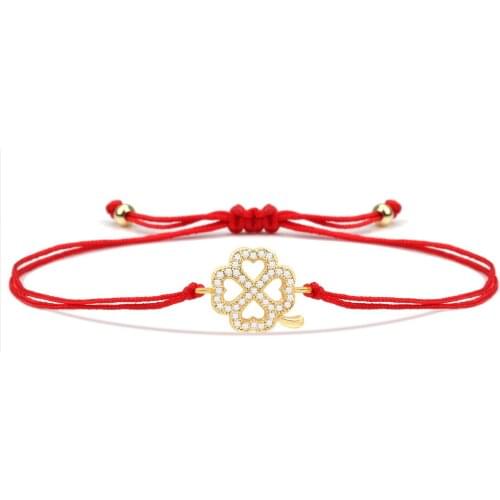 Round Cut Shiny White Cubic Zirconia Four Leaf Clover Charm Bracelet Women Gold-Plated Copper Red String Top Quality Jewelry Her