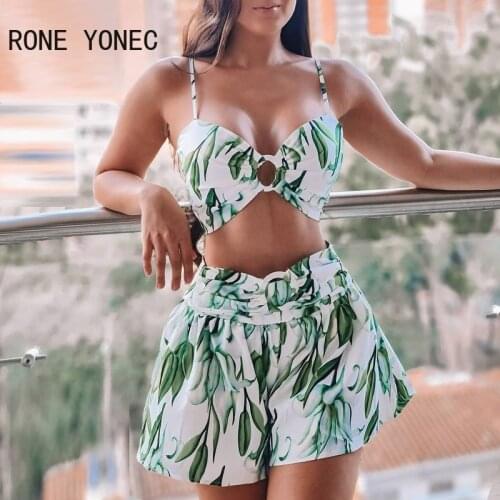 Women Two Piec Set Floral Print Spaghetti Strap Top & Shorts Set Set Summer suit