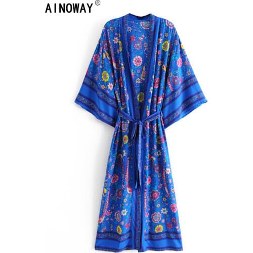 Peacock Floral Print Sashes bohemian Vintage chic Women Kimono Ladies V Neck batwing Sleeves blue Boho Maxi dress robe