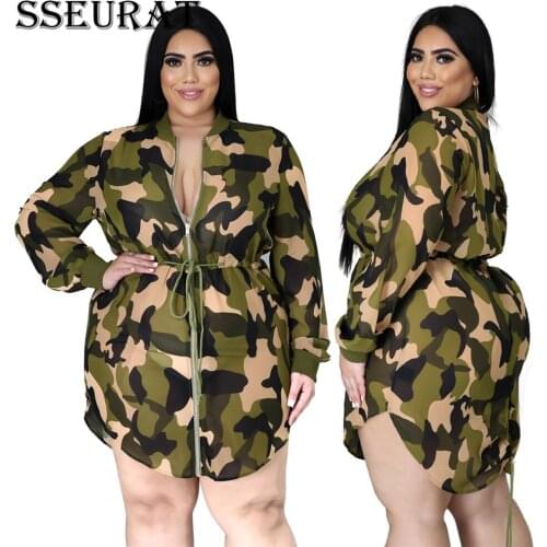 SSEURAT Women Plus Size Dress Camouflage Full Sleeve Zip Badnage Sashes Loose Dresses Fashion Summer Outfits