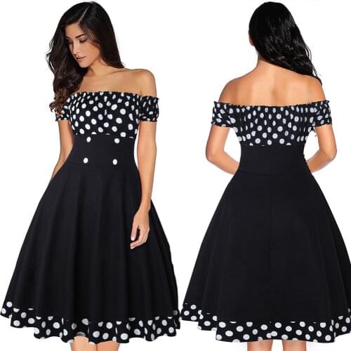 2021 Women Vintage Dot Patchwork A-line Party Dress Fashion Sexy Slash Neck Off The Shoulder Autumn Elegant Dress Vestidos