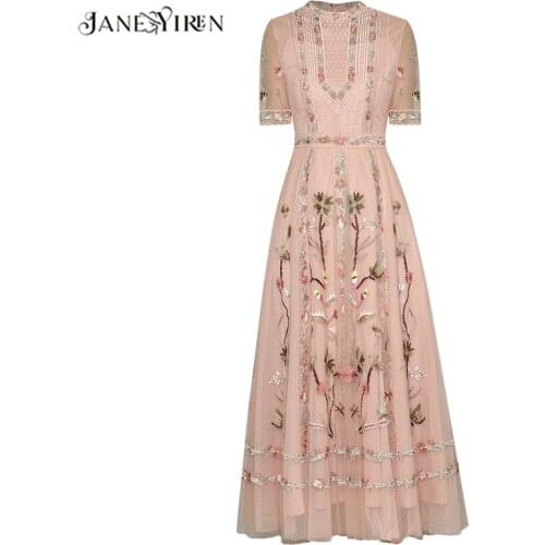 Jianyiren Fashion Designer dress Summer Womens Dress Short Sleeve Mesh Flowers Embroidery Vintage Elegant Dresses