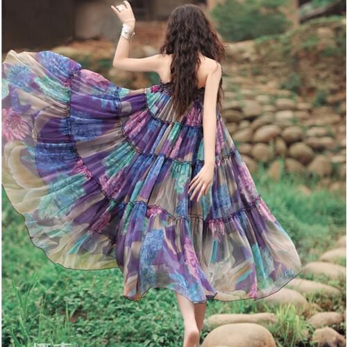 2018 Bohemia Pleated Holiday Purple Floral Chiffon Tulle Voile Beach Midi Dress Women / Elegant Ruffle Boho Dress Summer