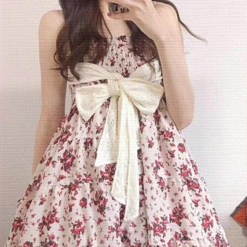 French Vintage Floral Strap Dresses for Women Casual Sleeveless Design Boho Beach Summer Dresse Females 2021 Korean Fashion Bow