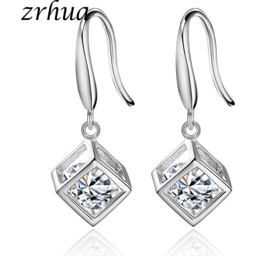 ZRHUA New Fashion Metal Square Earrings High Quality Silver Color Dangle Earrings For Women Brincos Engagment Gift