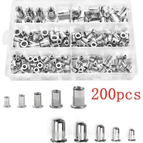 200pcs/box Stainless Steel Flat Head Rivet Nuts Set M3 M4 M5 M6 M8 M10 Insert Reveting Multi Size Stainless Steel Rivet Nut Set